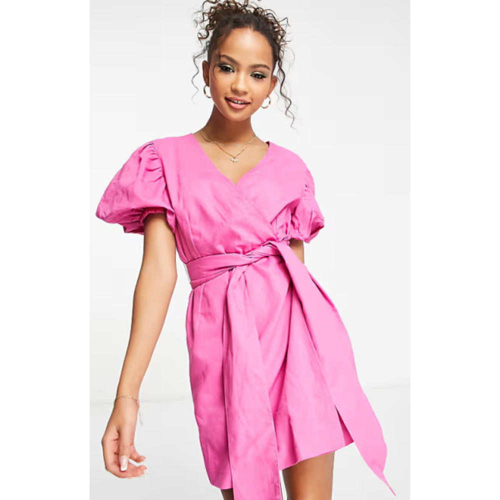 Charlie Holiday Womens Margaux Wrap Dress Short Puff Sleeve Size XS Magenta NWT - Picture 2 of 16